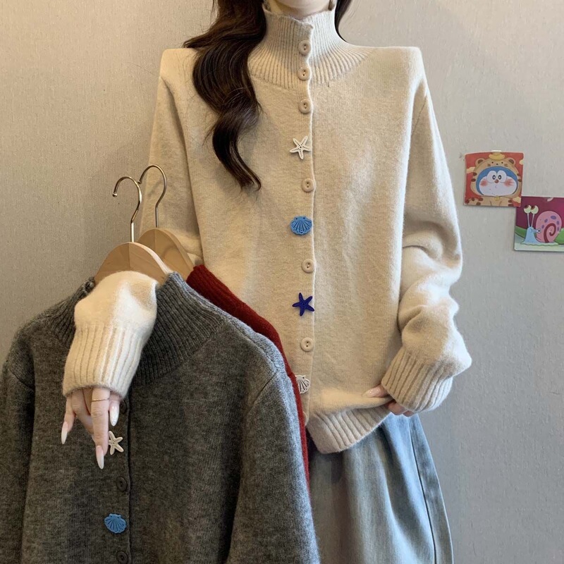 Plus-size casual high-neck long-sleeve sweater cardigan for women, autumn and winter, slimming, concealing, and age-reducing knit top Plus-size casual high-neck long-sleeve sweater cardigan for women, autumn and winter, slimming, concealing, and age-reducing knit top