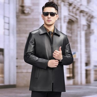 New Genuine Leather Jacket for Men, Haining Sheepskin Mid-Length Trench Coat, Slim-Fit Leather Jacket, down Jacket with a Turn-Down Collar