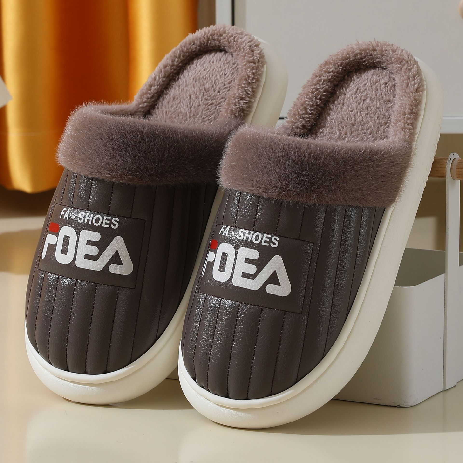 Leather waterproof Cotton slippers Autumn and winter indoor Home keep warm The thickness of the bottom Lovers money PU Fur slipper winter