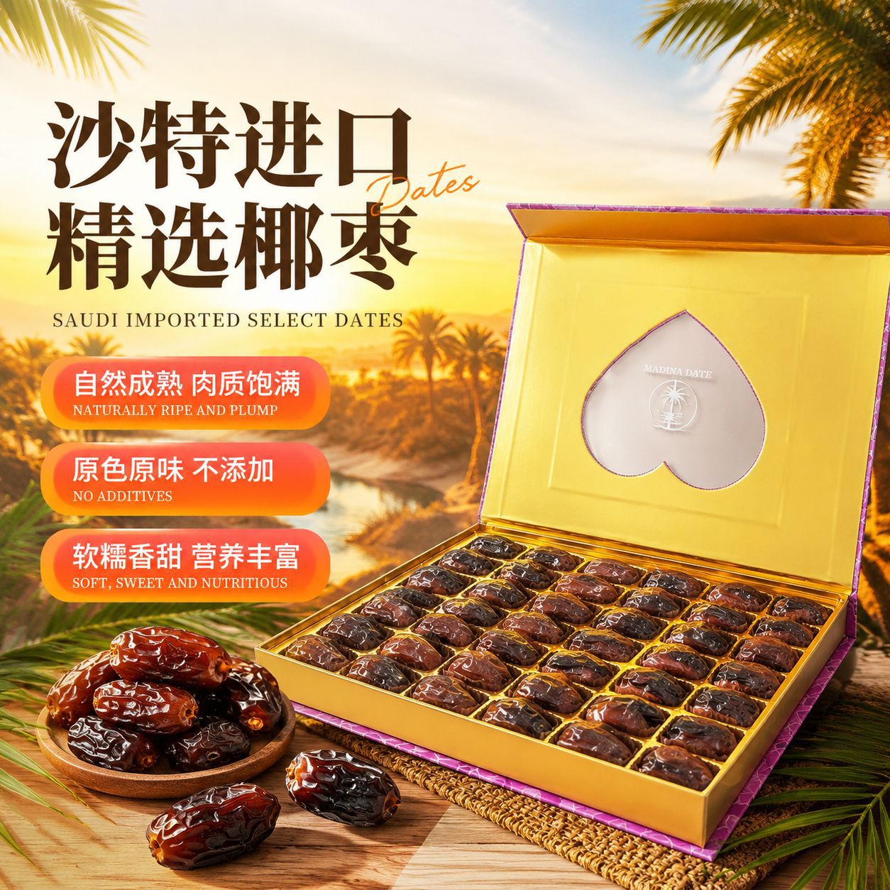 沙特阿拉伯进口6个品种椰枣紫盒包装460g 网红零食小吃坚果果脯