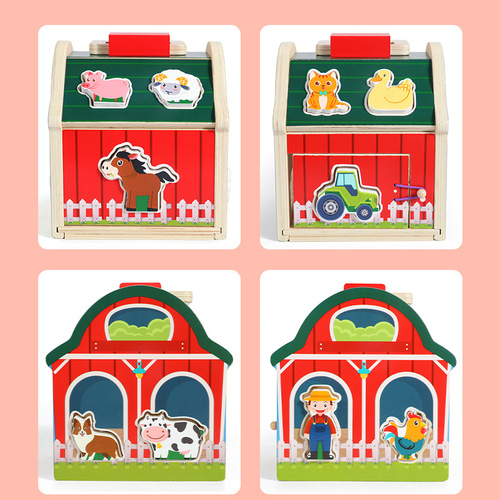 Baby portable cartoon farm smart house animal shape knocking ball storage building blocks disassembly and matching wooden toys