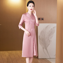 春秋季喜妈妈显年轻婚宴连衣裙收腰显瘦高档结婚礼服嫁女儿宴会裙