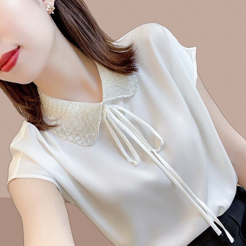 Chiffon Shirt Women's Summer 2026 New Style White Chiffon Top Beautiful and Chic Blouse Short-Sleeved Shirt Chiffon Shirt Women's Summer 2026 New Style White Chiffon Top Beautiful and Chic Blouse Short-Sleeved Shirt
