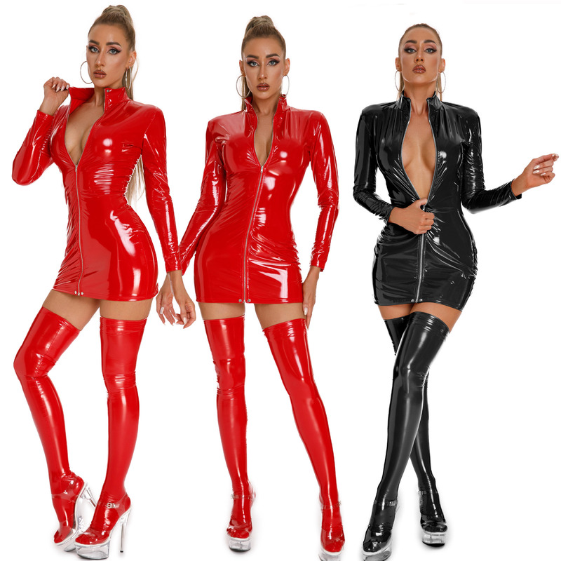 Plus Size High-Elastic Glossy Pu Lingerie, Shiny Patent Leather Nightclub Zipper Long-Sleeve Bodysuit 6867 Plus Size High-Elastic Glossy Pu Lingerie, Shiny Patent Leather Nightclub Zipper Long-Sleeve Bodysuit 6867