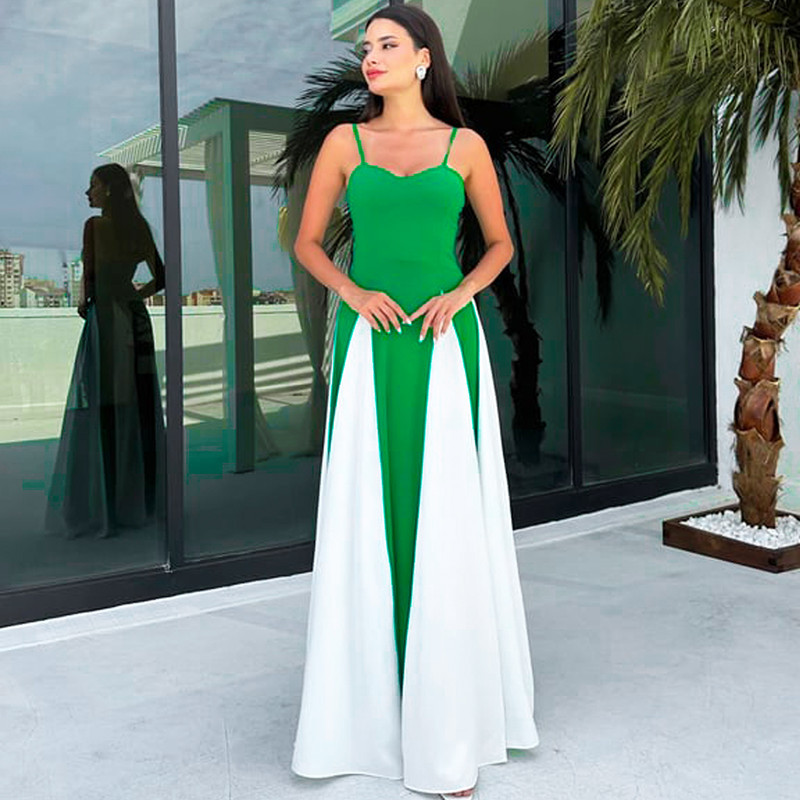 Fashionable Women's Contrast Stitching Suspender Prom Evening Dress_voghion.com