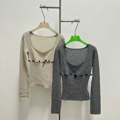 秋季新品丝绒系带U领半开襟修身针织衫上衣女