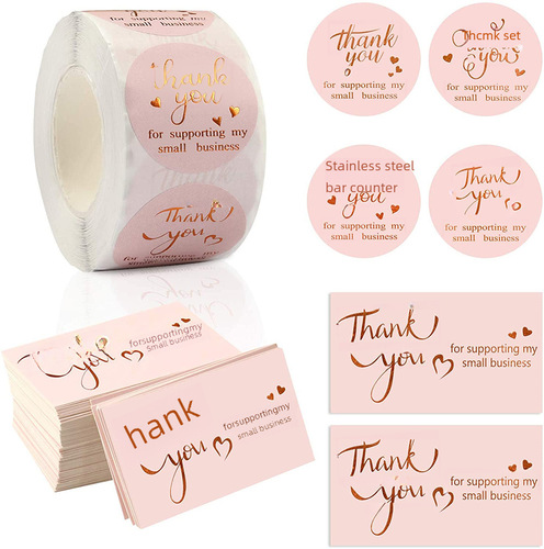 500 sheets per roll, 3.8 cm roll, gold foil sticker labels for commercial decoration, non-drying adhesive, pink card, thank you for your purchase