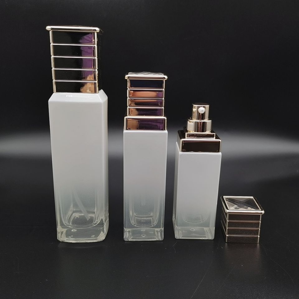 化妆品玻璃套装分装瓶精华护肤品乳液空瓶四方按压瓶贵妇膏玻璃瓶