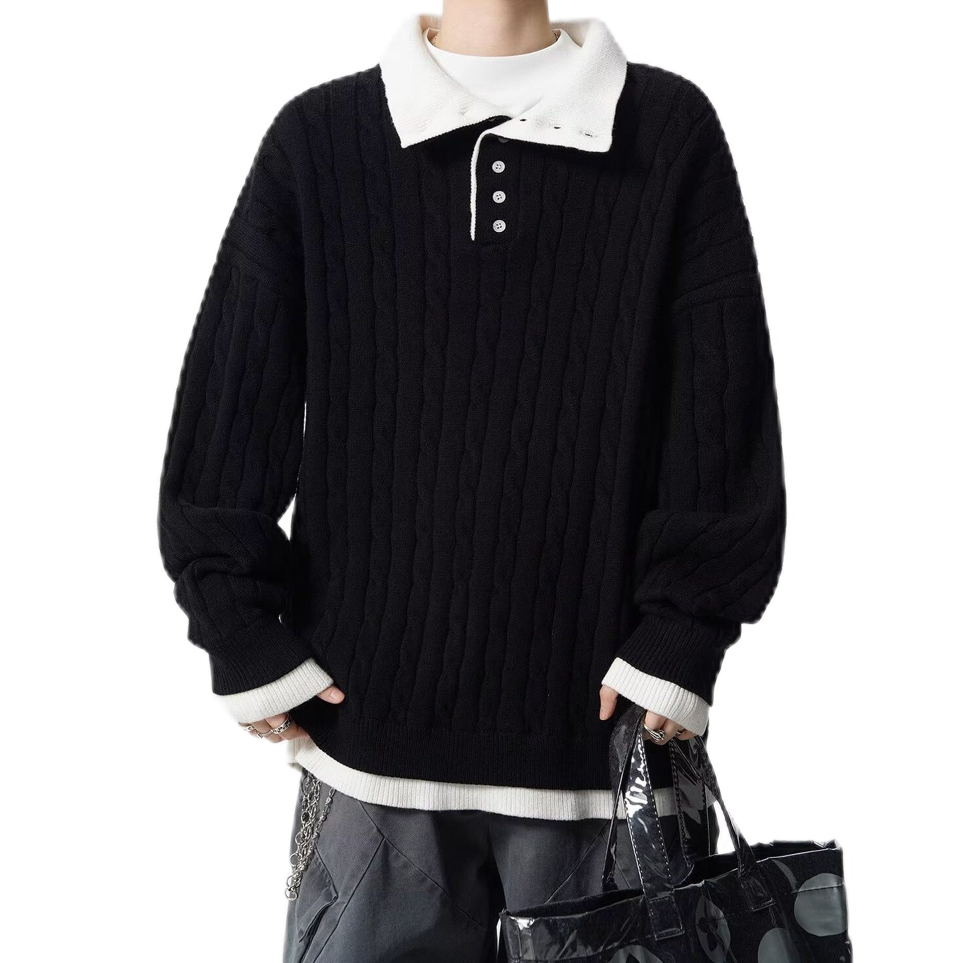 Explosiones transfronterizas de tamaño grande falso dos piezas de Henry cuello torcido camiseta de punto suéter hombre viejo dinero fábrica al por mayor