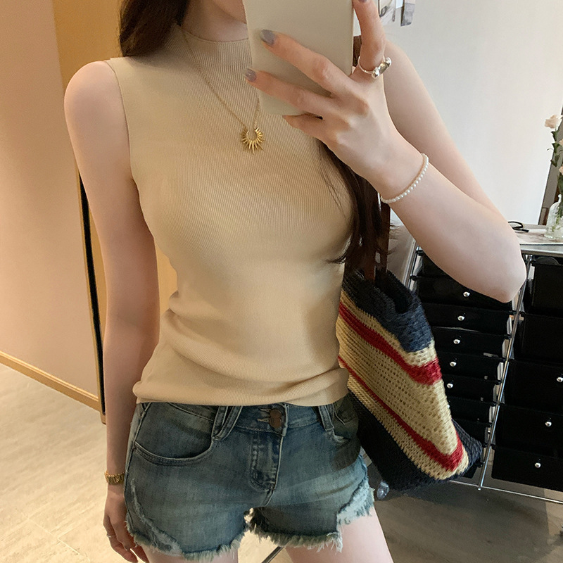 Special Offer Wholesale Korean Style Lazy Half-High Collar Sleeveless Knit Top for Women, Stylish New Summer Model, Beautiful Inner Wear Vest