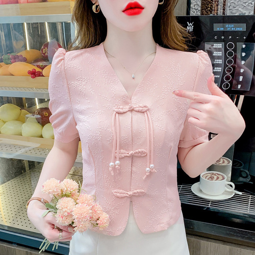 Pankou V-neck women's short-sleeve summer 2025 new arrival Chinese-style national wind small top with unique bubble sleeves