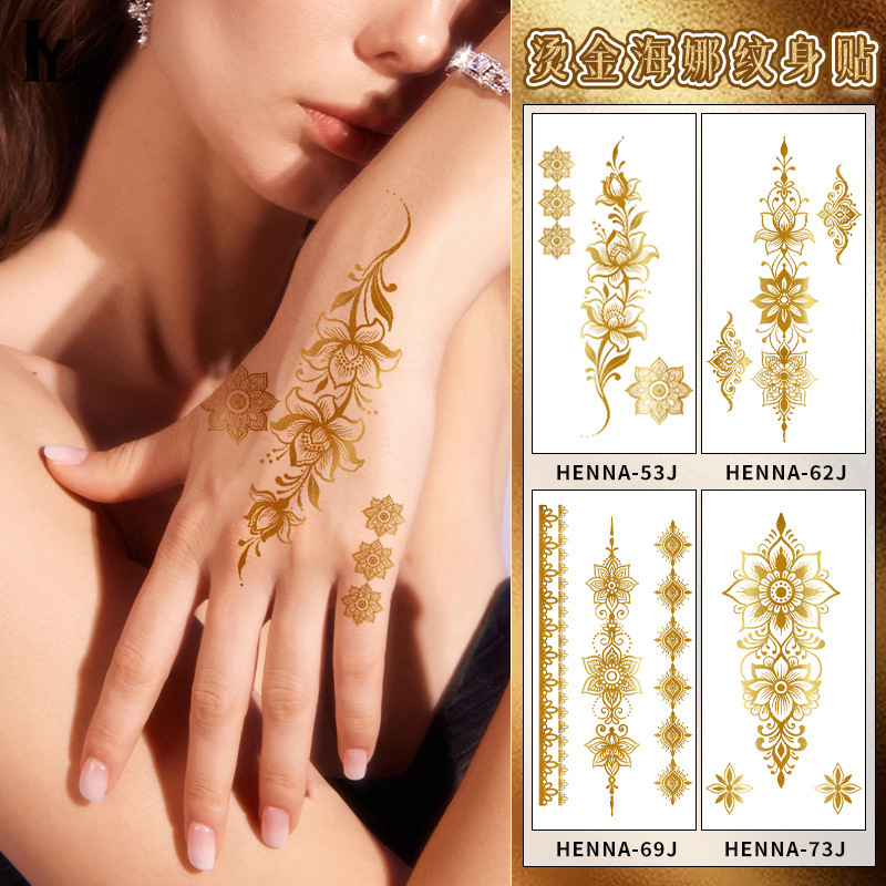 Gold Foil Henna Tattoo Stickers Versatile Retro Indian Ethnic Style Makeup Stickers Realistic Waterproof Long-Lasting Gold Foil Stickers