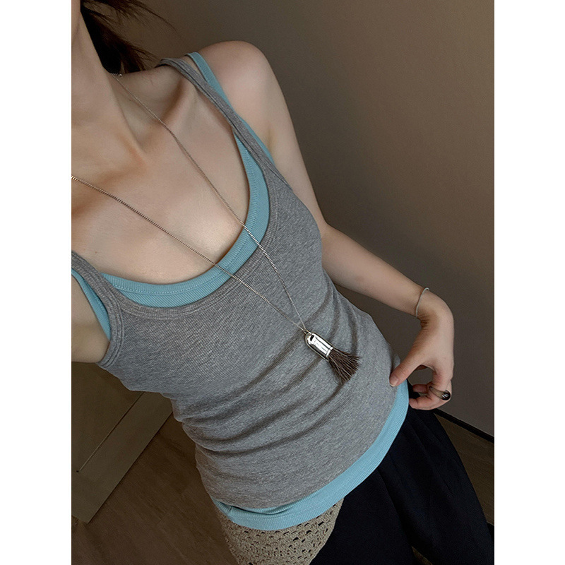 American-style color-blocked halter neck tank top for women, layered two-piece set for summer, slim-fit short top for stylish girls