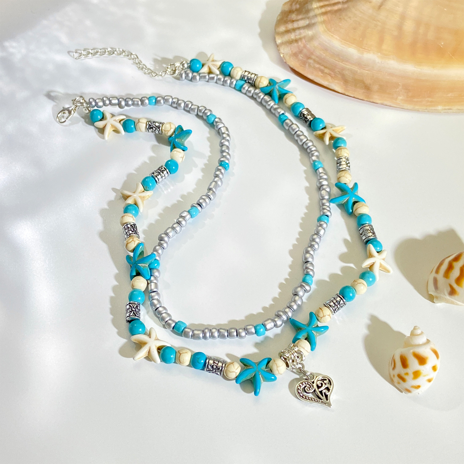 41g Weight Necklace Classification Titanium Steel Chain Material 1 Piece Quantity Masquerade Occasion Alloy Material Starfish, Shell Pattern Women's Gender Beaded Design Retro, Classic Style Style Retro Classic Style Starfish Shell Arylic Alloy Beaded Necklaces Wholesale 4