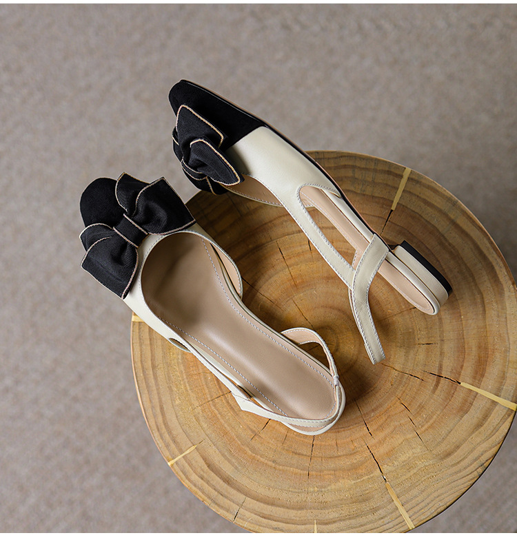 Sandal nữ bít mũi đế bệt phong cách cổ điển nơ phối màu — Màu đen chi tiết 16