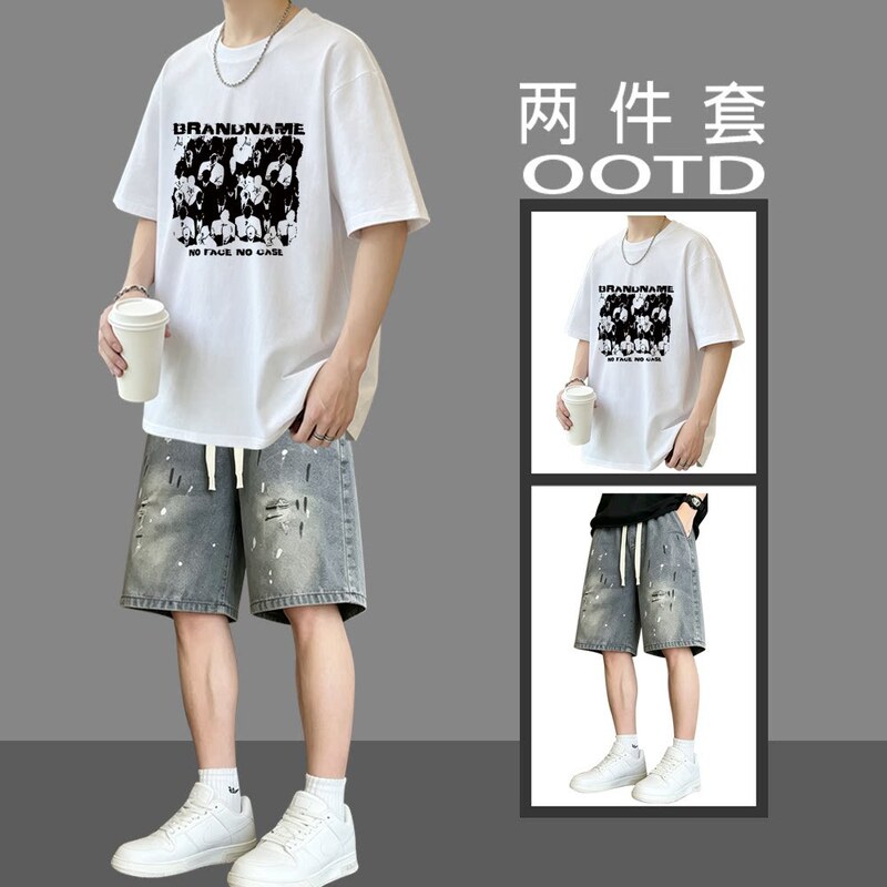 Cool Short-Sleeved T-Shirt Suit for Men, Summer Trendy Outfit with Denim Shorts, a Stylish Men's Two-Piece Set