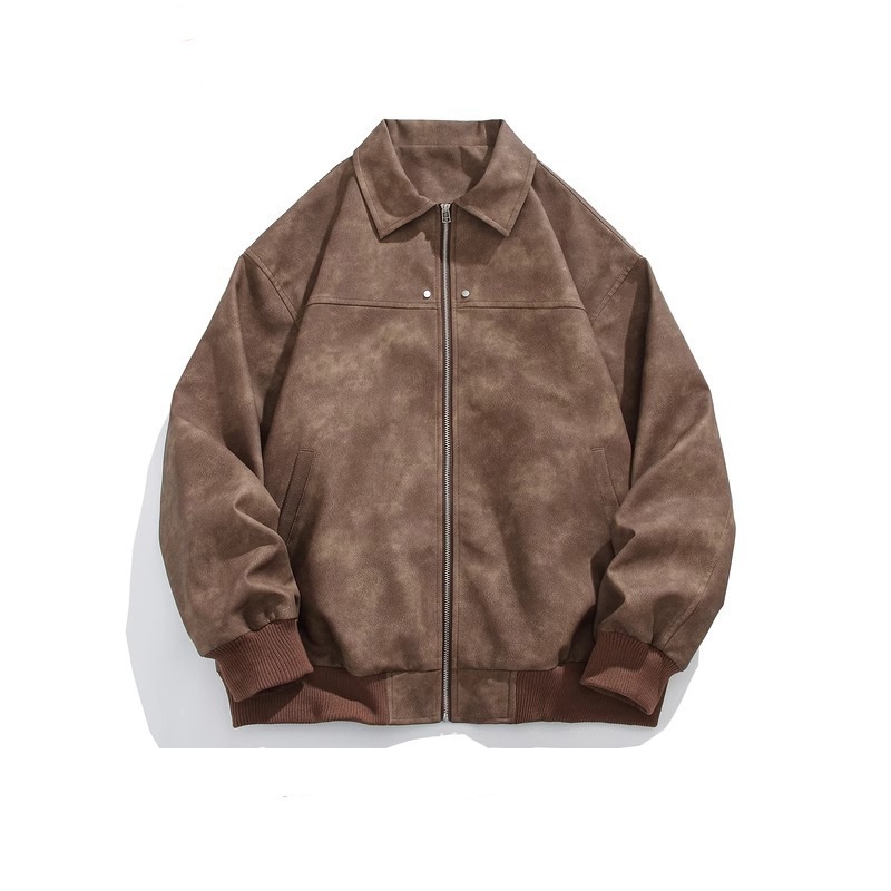 Retro Trendy Brown Lapel Leather Jacket With A Loose Fit For Couples, Baseball Jersey_voghion.com
