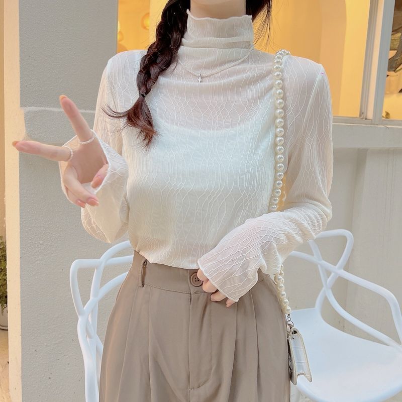 Women's half turtleneck lace bottoming shirt with wooden ears autumn and winter long-sleeved T-shirt Western style small shirt inner top small shirt