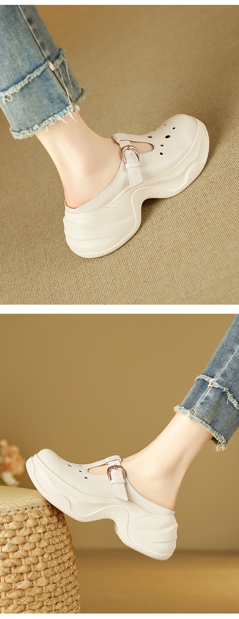 Dép sandal nữ đế bánh mì da bò mũi trùm quai chữ V — đen chi tiết 7