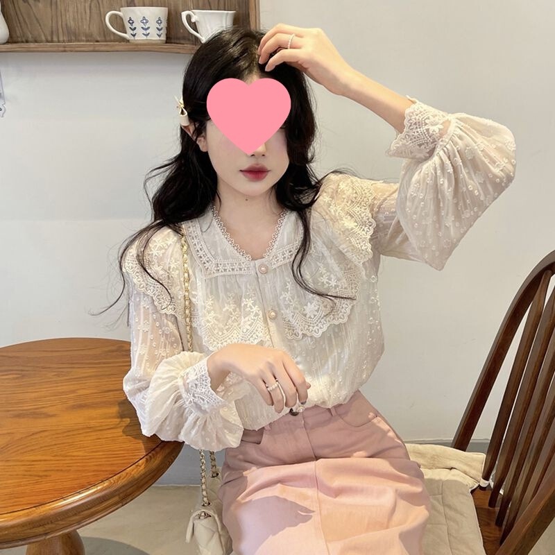 Trendy Lace Shirt Long-Sleeve Spring and Autumn 2025 New Sweet and Elegant Outerwear Cardigan Women's Retro Shirt Blouse Trendy Lace Shirt Long-Sleeve Spring and Autumn 2025 New Sweet and Elegant Outerwear Cardigan Women's Retro Shirt Blouse