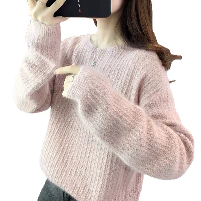 秋冬新款圆领套头毛衣女打底衫2025韩版宽松纯色针织衫长袖女外穿