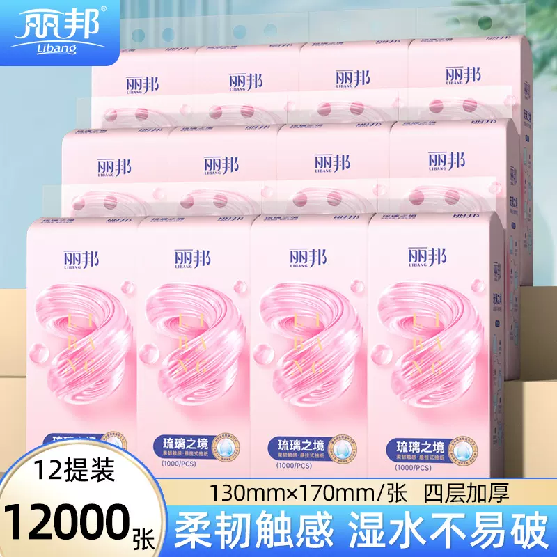 丽邦悬挂式底部抽纸12提大包整箱家用实惠装餐巾卫生纸抽纸巾