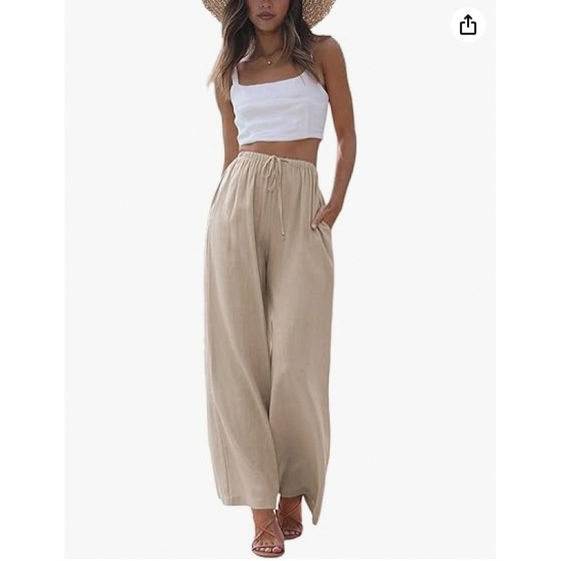 Relaxed Fit Wide Leg Pants for Women Linen Blend Drawstring Waist Pockets plus Size Available_ecoleips.com