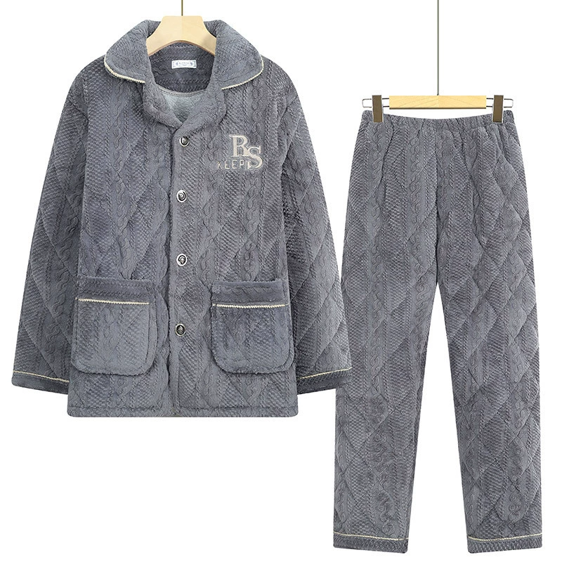 Мужская Пижама, зимняя трехслойная хлопковая утолщенная флисовая подкладка, теплая домашняя одежда для пап среднего и пожилого возраста, фланелевый костюм