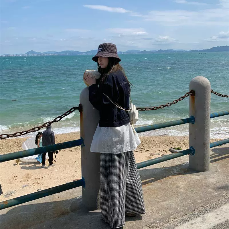 Открытые домашние черно-белые клетчатые кружевные прямые повседневные брюки, длинные брюки для женщин, ленивые брюки в корейском стиле