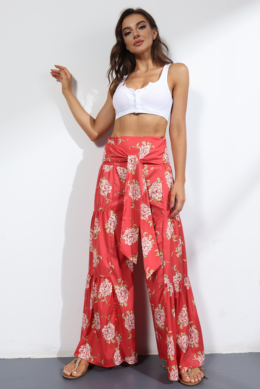 printing loose high waist flared wide-leg pants-Multicolor NSMDF131107