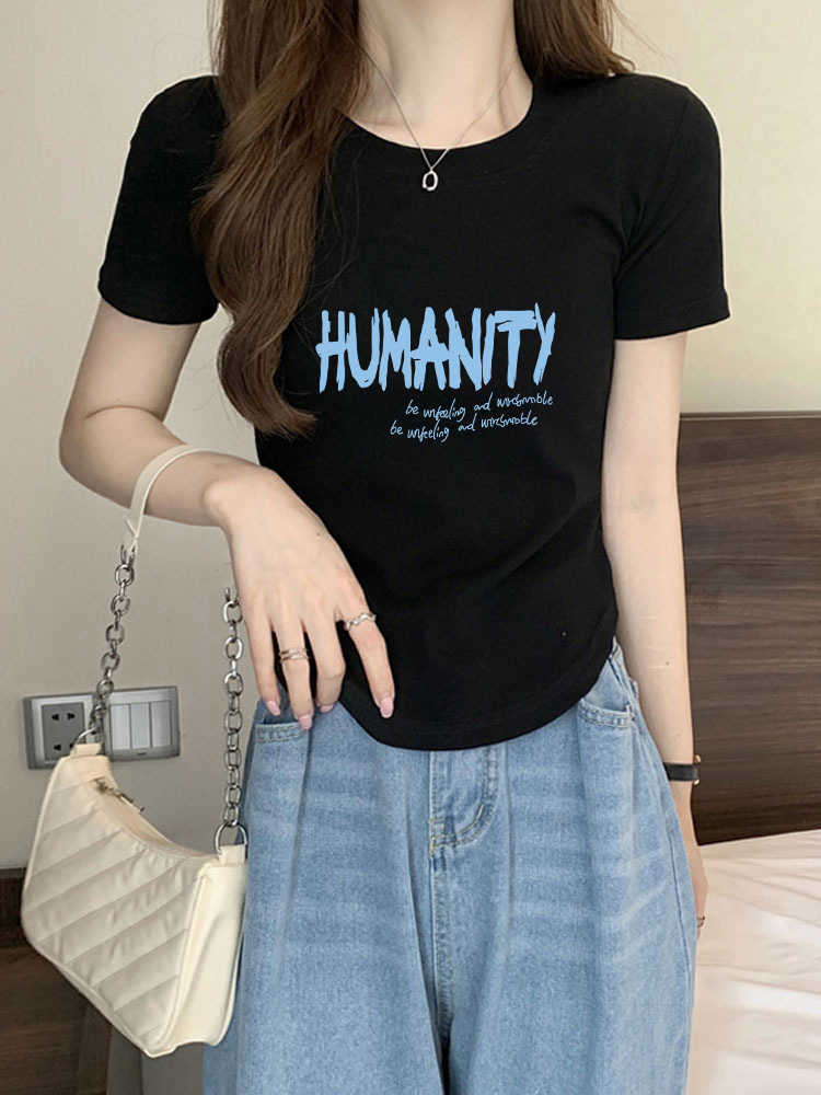 純綿のtシャツの女性の夏の新型の裾のアーチ形の不規則な修身はやせているギャルが腰を収めて肩の短い上着を収めます。