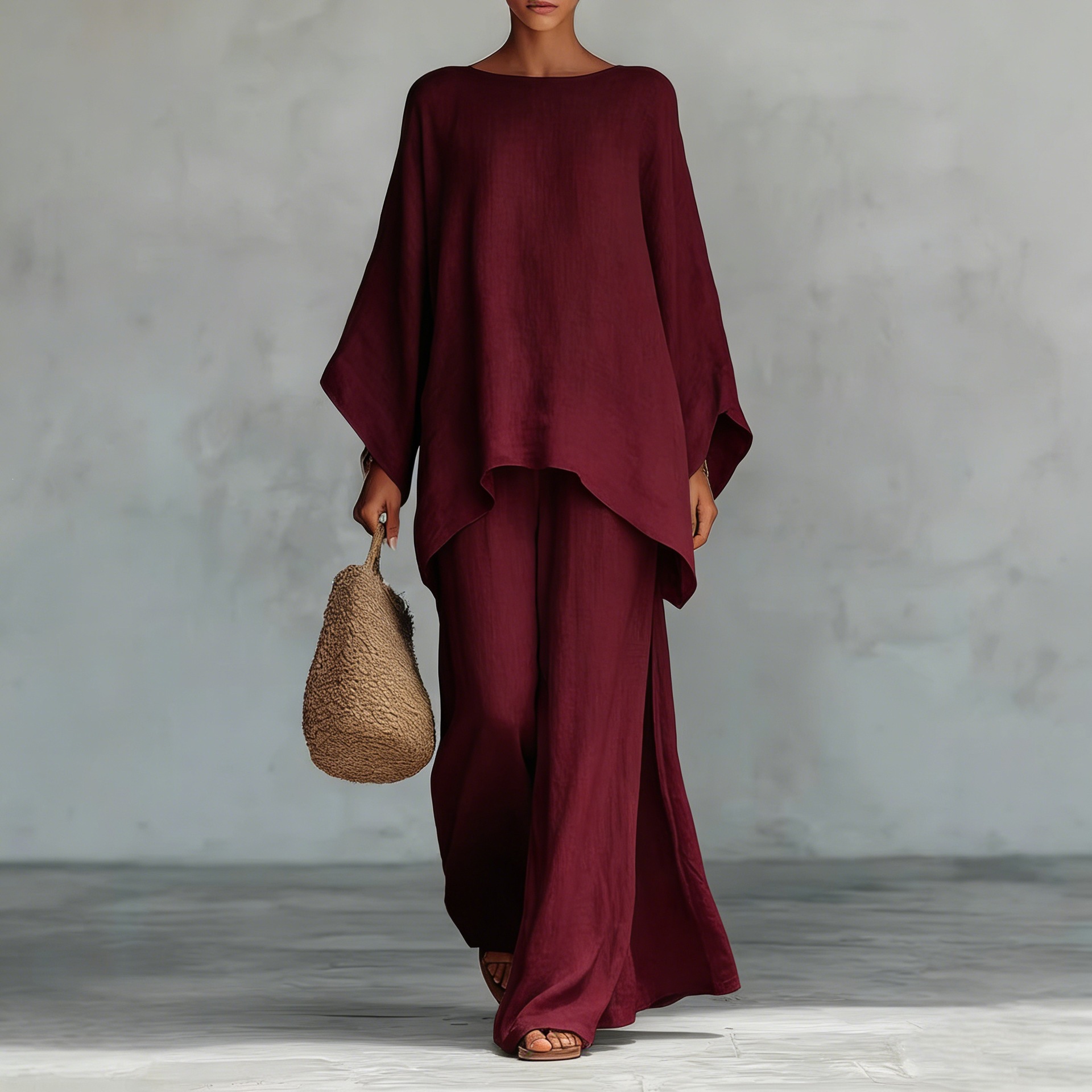 Breathable Linen-Blend Batwing Sleeve Shirt And Wide-Leg Pants Set For Women, Comfortable Office To Casual Wear, Available In Multiple Colors_ecoleips.com