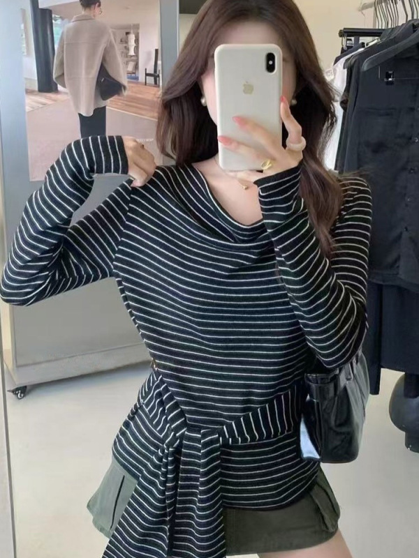 秋季新款女装设计感一字领露肩针织衫气质长袖毛衣绑带打底衫上衣|undefined