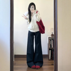 穿搭一整套新款巨好看慵懒风设计感厚款针织开衫牛仔阔腿裤两件套