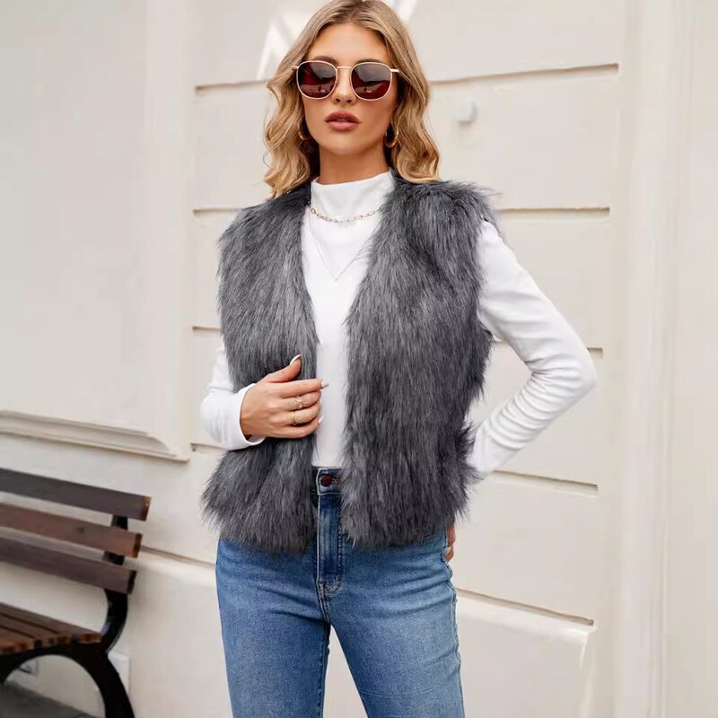 F0618 European and American V Neck Women's Imitation Fur Jacket Vest Top Artificial Fur Vest New Product F0618 European and American V Neck Women's Imitation Fur Jacket Vest Top Artificial Fur Vest New Product
