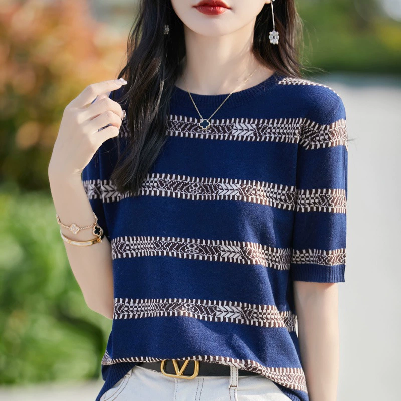 Летний топ 2025 года, женский, с коротким рукавом, круглым вырезом, тонкий, в полоску, ретро, цветные блоки, модный, свободный крой, больших размеров, однотонный, универсальный