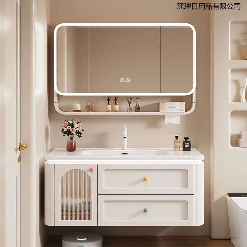 New Dopamine Solid Wood Side Bathroom Cabinet Ceramic Integrated Basin Bathroom Hand Wash Basin Smart Set