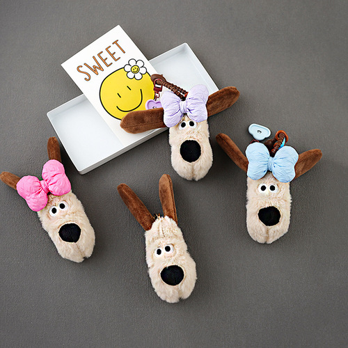 Creative bow puppy head pendant cute boss car plush dog pendant keychain couple bag pendant for women