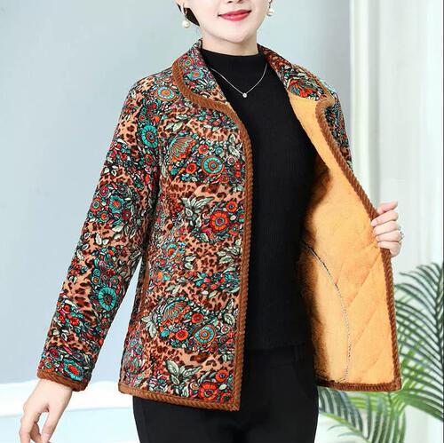 Mid-to-Old-Age Mother's Cotton Padded Coat for Autumn and Winter Fashion Plus Size with Fleece and Thick Padding, Floral Collar Cotton Jacket Outerwear for Wholesale