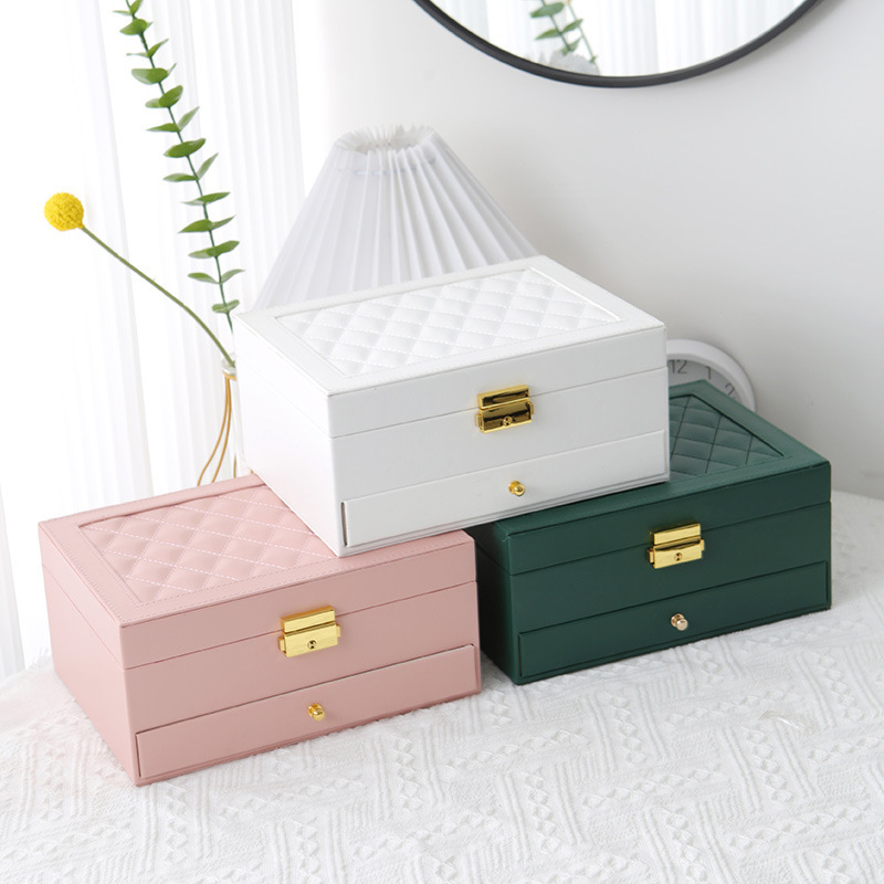 Caja de joyería de cuero de doble cajón, pernos de alta calidad, caja de joyería de mano, pendientes de pernos con cerradura, caja de almacenamiento de joyas