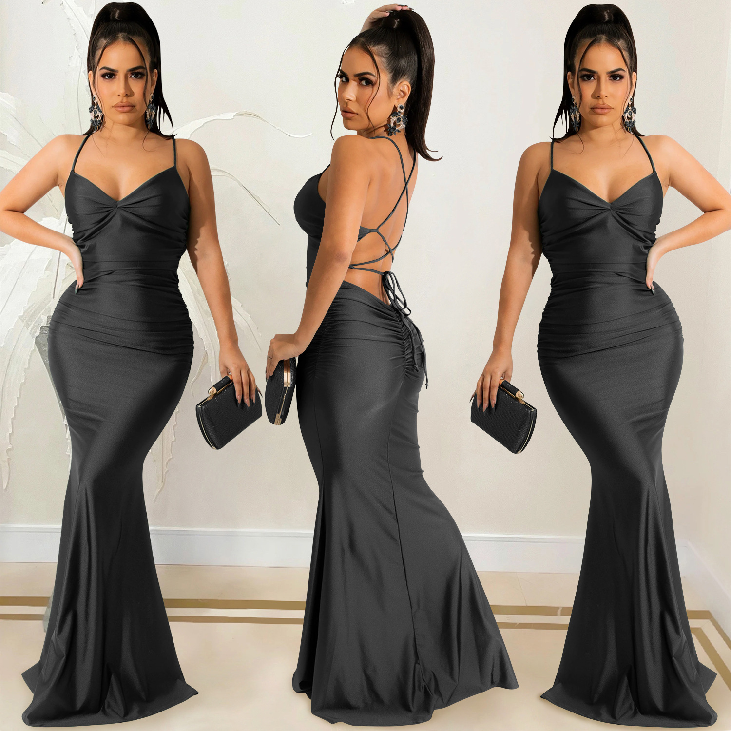 Pleated Solid Color Sling Wrap Chest Backless Lace-Up Prom Dress NSXYZ113785