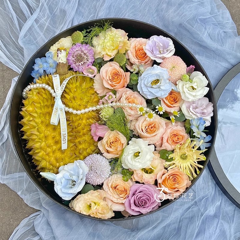 創意榴蓮花盒水果禮盒圓形花盒早生貴子禮盒畢業鮮花禮盒西瓜空盒