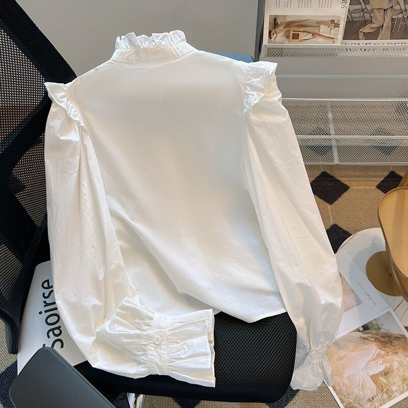 French-style ruffled women's shirt for spring and autumn, with a unique design, vintage short style, bell sleeves, stand-up collar, white top French-style ruffled women's shirt for spring and autumn, with a unique design, vintage short style, bell sleeves, stand-up collar, white top