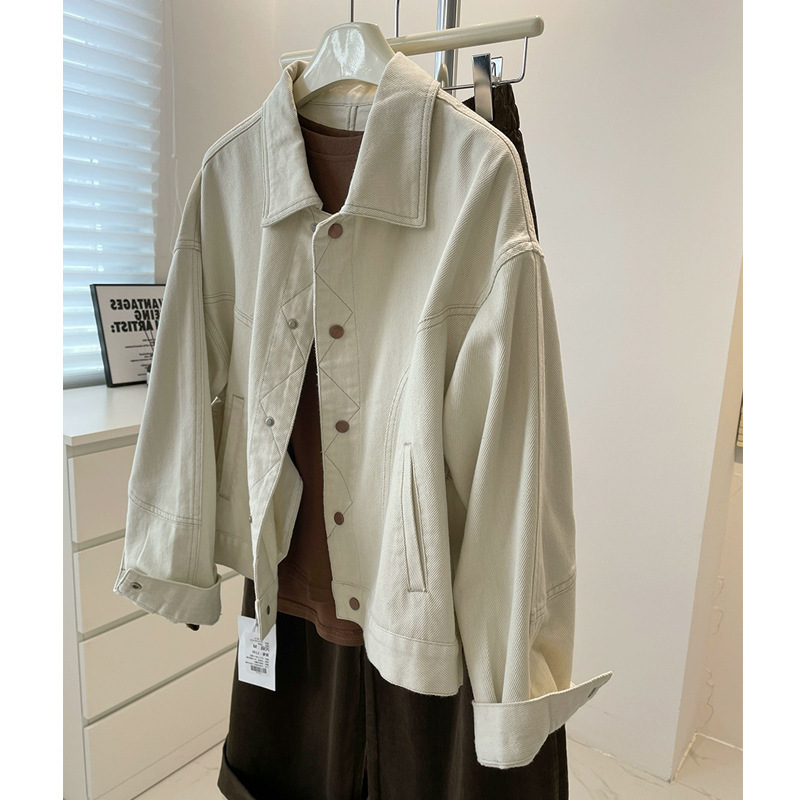 Korean style beige Denim coat! Spring and Autumn bright line design versatile slimming loose casual short jacket top for women