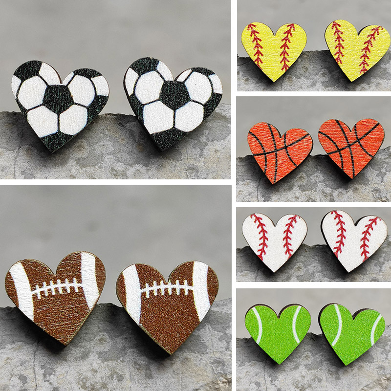 Original Design Basketball Football Wood Womenu0027S Ear Studs 1 Pair
