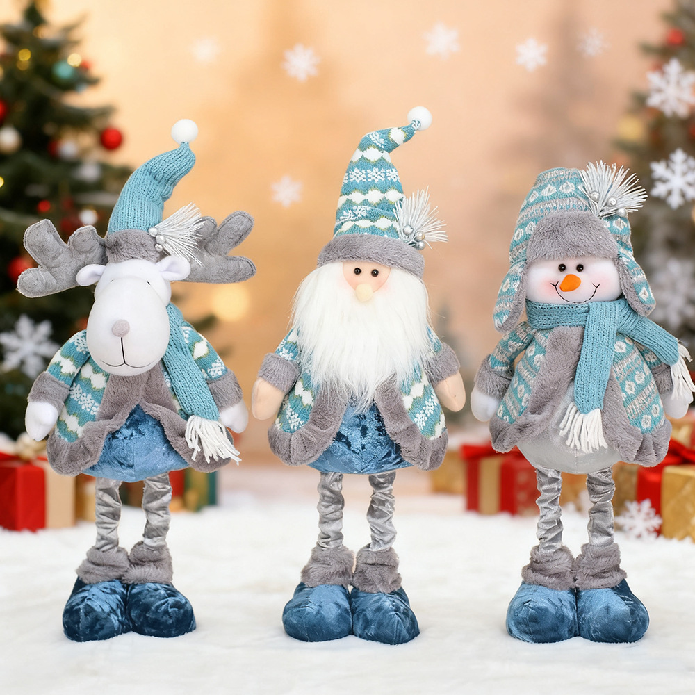 圣诞装饰品可伸缩圣诞老人麋鹿雪人蓝色公仔装饰玩偶摆件圣诞礼物