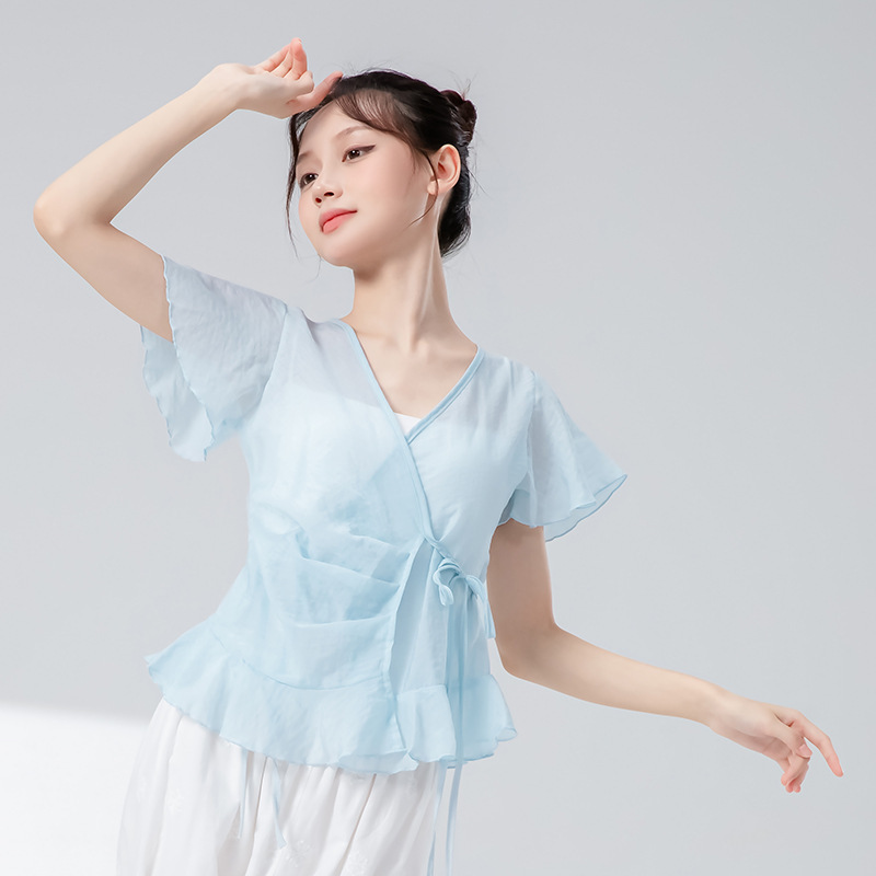 古典舞纱衣新款飞袖前捏褶系带上衣飘逸训练形体服练功舞蹈服上衣|undefined