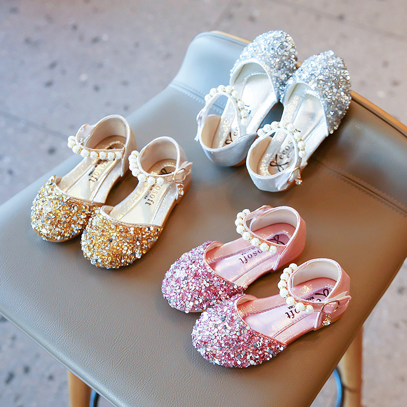 2025 Spring and Autumn New Girls Leather Shoes Korean Style Baby Princess Shoes Children's Casual Shoes Sequined Shoes Pearl Dance Shoes