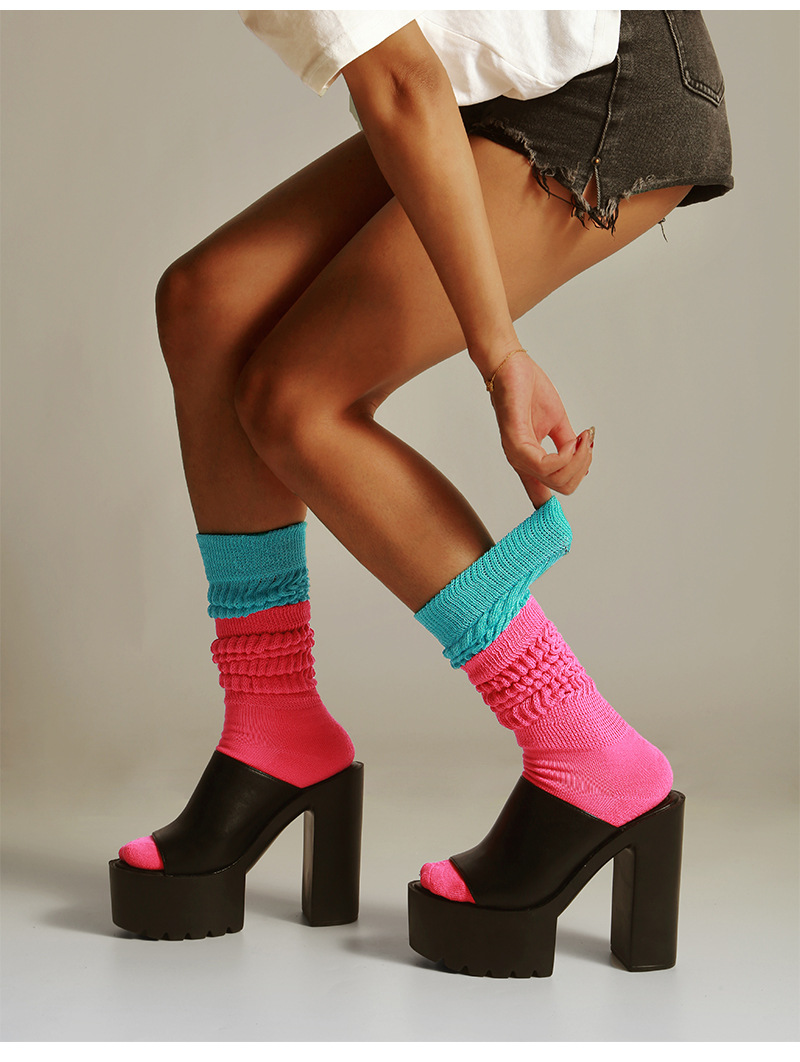 Color Block Slouch Socks Retro Mid Calf Scrunch Crew Sports Socks_voghion.com