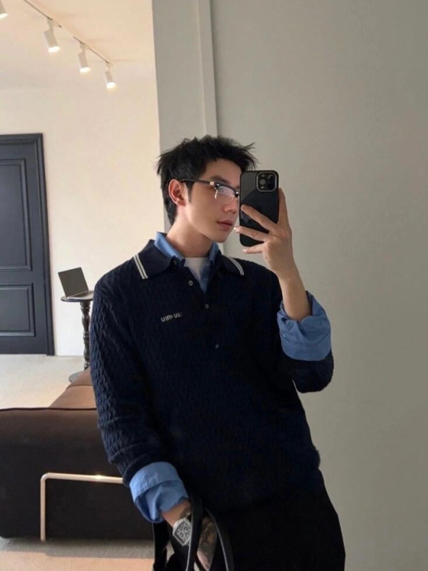 正确版原标谬家miu新款 刺绣翻领长袖针织POLO衫休闲百搭男女同款|undefined